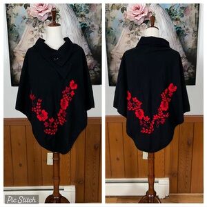 Beautiful Vintage Black Wool Cape with Embroidered Red Floral Design!